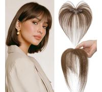 Benehair Topper de Vrais Cheveux pour Femme, 100% Humain Chevelure Frange Français, 9g Toppers pour aux Cheveux Fins, 5x12 Base de Dentelle Vrais Chevelure à Pince, Brun Foncé #4