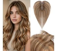 Benehair Topper de Vrais Cheveux pour Femme, 100% Humain Chevelure Frange Latérale, 14g Toppers pour aux Cheveux Fins, 7x11 Base de Dentelle Vrais Chevelure à Pince, 28CM Brun Foncé/Blond Foncé #4P27