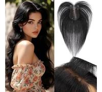 Benehair Topper de Vrais Cheveux pour Femme, 100% Humain Chevelure Frange Latérale, 14g Toppers pour aux Cheveux Fins, 7x11 Base de Dentelle Vrais Chevelure à Pince, 28CM Noir Naturel #1B