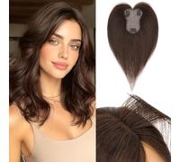 Benehair Topper de Vrais Cheveux pour Femme, 100% Humain Chevelure Frange Latérale, 20g Toppers pour aux Cheveux Fins, 8x11 Base de Dentelle Vrais Chevelure à Pince, 25CM Brun Moka #2R