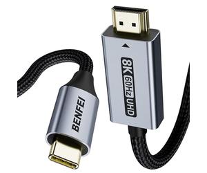 BENFEI Câble USB C vers HDMI 2.1 (8K@60Hz, 4K@240Hz, 1.8M, coque aluminium, tresse nylon) Compatible avec iPhone 16/15 Pro/Max, MacBook Pro/Air 2023, iPad Pro, Surface Book 2 En savoir plus