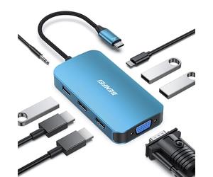 BENFEI Hub USB C MST 8 en 1 avec USB-C vers 2 HDMI/1 VGA, vers 3 Ports USB 3.0/100 W/Audio auxiliaire 3,5 mm, Compatible avec iPhone 15 Pro/Max, MacBook Pro 2023/2022/2021/2020, Surface Book et Plus