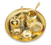 BENGALEN Ensemble Puja thali en laiton de 20,3 cm avec assiette Pital Dhup Dan Kalash Cuillère Ghanti Bol Kuber Diya Kangura Assiette Pooja Thali pour Diwali, maison, bureau, mariage, retour