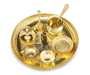 BENGALEN Ensemble Puja thali en laiton de 20,3 cm avec assiette Pital Dhup Dan Kalash Cuillère Ghanti Bol Kuber Diya Kangura Assiette Pooja Thali pour Diwali, maison, bureau, mariage, retour