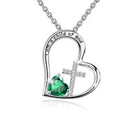 Bengnkes Collier avec pendentif en forme de croix « I Am a Child of God » en argent sterling 925 pour femme, collier en forme de cœur avec pierre de naissance, bijoux chrétiens, cadeaux de baptême