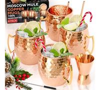 BENICCI Lot de 4 tasses Moscow Mule en cuivre massif 100% fabriquées à la main - Tasses en cuivre massif pur de qualité alimentaire - Coffret cadeau de 473,6 g avec pailles en cuivre de qualité