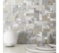 BeNice Lot de 10 feuilles d'autocollants pour mur arrière de cuisine - Carreaux muraux autocollants 3D - Carrelage mural 3D - Fond métallique - Gris ardoise