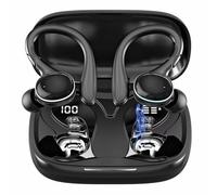 Beniduck Écouteurs stéréo sans fil Bluetooth 5.3, microphone antibruit, étanchéité IPX7, avec crochet pour téléphone intelligent Android, iOS, ordinateur portable, ordinateur de sport, noir