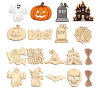 BENIMUS Lot de 48 décorations d'Halloween à peindre, 12 styles à faire soi-même, tranches de bois brut pour Halloween, crâne, citrouille, fantôme, chauve-souris, trucs ou friandises à suspendre