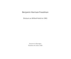 Benjamin Harrison Freedman Discours au Willard Hotel en 1961: Zionisme et Allemagne Évolutions de 1916 à 1938