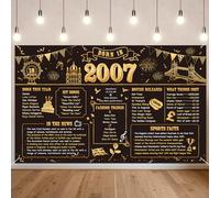 Benjia Bannière décorative pour 18e anniversaire pour garçons et filles Born in 2007 - Toile de fond « Happy 18 Years Old Birthday » - Bannières noires et dorées - Cadeau d'anniversaire - Fournitures