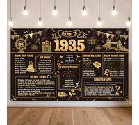 Benjia Bannière décorative pour 90e anniversaire pour homme et femme Born in 1935 - Toile de fond « Happy 90 Years Old Birthday » - Bannières noires et dorées - Cadeau d'anniversaire - Fournitures de