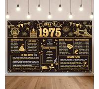 Benjia Bannière décorative pour homme et femme Born in 1975 - Toile de fond « Happy 50 Years Old Birthday » - Bannières noires et dorées - Cadeau d'anniversaire - Fournitures de fête