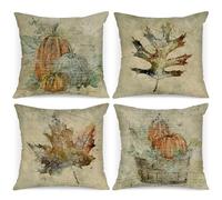 Benjia Lot de 4 pièces Housses de Coussin Déco Automne 50x50 cm, Aquarelle Citrouille Feuille d'érable Taies d'oreiller pour Ferme Thanksgiving Halloween Literie 50 x 50 cm