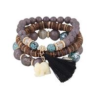 Benoon Lot de 3 bracelets pour femme avec cordon élastique multicouche en résine - Bracelets pour femme - Style bohème - Éléphant - Pompons - Accessoire de bijoux