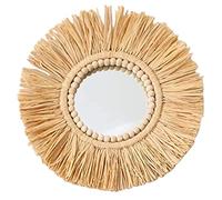 Benoon Miroir avec corde de suspension murale, paille, perles en bois marocain, ornement acrylique pour appartement, salon, chambre