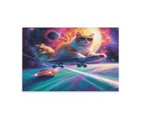 Benoumoney Cosmic Skateboarding Cats Toile Murale Pour Salon, Décoration Murale Prête À Accrocher Pour Salle De Bain, Toilettes, Art Mural Moderne 16x24inch(40x60cm)