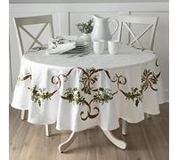 Benson Mills Merry Ribbons Engineered Printed Jacquard Fabric Christmas Table Cloth, for Christmas, Winter, and Holiday Tablecloth (70" Round, Merry Ribbons)