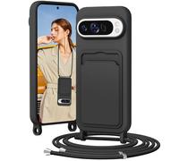 BENTIACC Chaîne de téléphone portable - Coque de protection en silicone pour Google Pixel 9 Pro XL - Avec bande - Avec compartiment pour cartes - Amovible - Anti-chocs - Pour Google Pixel 9 Pro XL -