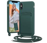 BENTIACC Chaîne de téléphone portable - Coque de protection en silicone pour iPhone X/XS - Avec bande - Avec compartiment pour cartes - Chaîne de cordon amovible - Anti-chocs - Vert aiguille de pin