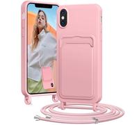 BENTIACC Chaîne de téléphone portable - Coque de protection en silicone pour iPhone X/XS - Avec compartiment pour cartes - Chaîne de cordon amovible - Anti-chocs - Pour iPhone X/XS - Rose