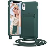 BENTIACC Chaîne de téléphone portable - Coque de protection en silicone pour iPhone XR - Avec compartiment pour cartes - Chaîne de cordon amovible - Anti-chocs - Vert aiguille de pin