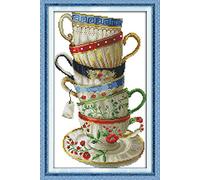 Benway Kit de broderie au point de croix estampé, décoration murale, cadeau à faire soi-même, six belles tasses à café 11 pièces 35 x 54 cm