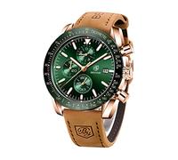 BENYAR Montre à Quartz pour Homme - Chronographe - Montre Tendance - en Cuir Marron - Étanche - Résistante aux Rayures - Analogique - Automatique - Date - Cadeau élégant(Vert doré)