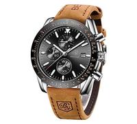 BENYAR Montre Homme Classique Chronographe Bracelet Cuir Marron Étanche Grand Cadran Bande Date Montre Mode Cadeau (Argent Noir)