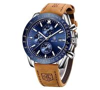BENYAR Montre Homme Classique Chronographe Bracelet Cuir Marron Étanche Grand Cadran Bande Date Montre Mode Cadeau (Bleu d'argent)