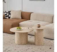 BenyLed Ensemble de 2 Tables Basses Gigognes Rondes avec Base Cylindrique ; Table D'appoint Moderne avec Plateau en MDF et Base à Lattes en Bois (Jaune/Texture de Travertin)