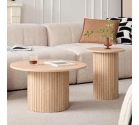 BenyLed Ensemble de 2 Tables Basses Gigognes Rondes avec Base Cylindrique ; Table D'appoint Moderne avec Plateau en MDF et Base à Lattes en Bois (Naturel/Grain de Bois)