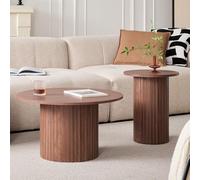 BenyLed Ensemble de 2 Tables Basses Gigognes Rondes avec Base Cylindrique ; Table D'appoint Moderne avec Plateau en MDF et Base à Lattes en Bois (Noyer/Grain de Bois)