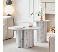 BenyLed Ensemble de 2 Tables Basses Gigognes Rondes avec Base Cylindrique ; Table D'appoint Moderne avec Plateau en MDF et Base à Lattes en Bois (Blanc/Grain de marbre)