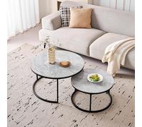 BenyLed Lot de 2 Tables Basses Gigognes avec Plateau en Céramique Pierre, Table Basse Ronde, Convient pour Salon, Chambre, Bureau et Balcon (Gris/Noir), 70 * 70 * 45cm+50 * 50 * 35cm