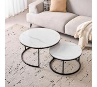 BenyLed Lot de 2 Tables Basses Gigognes avec Plateau en Céramique Pierre, Table Basse Ronde, Convient pour Salon, Chambre, Bureau et Balcon (Blanc/Noir), 80 * 80 * 45cm+60 * 60 * 35cm