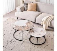 BenyLed Lot de 2 Tables Basses Gigognes avec Plateau en Céramique Pierre, Table Basse Ronde, Convient pour Salon, Chambre, Bureau et Balcon (Pandora/Noir), 80 * 80 * 45cm+60 * 60 * 35cm