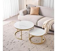 BenyLed Lot de 2 Tables Basses Gigognes avec Plateau en Céramique Pierre, Table Basse Ronde, Convient pour Salon, Chambre, Bureau et Balcon (Blanc/Or), 80 * 80 * 45cm+60 * 60 * 35cm