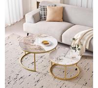BenyLed Lot de 2 Tables Basses Gigognes avec Plateau en Céramique Pierre, Table Basse Ronde, Convient pour Salon, Chambre, Bureau et Balcon (Pandora/Or), 70 * 70 * 45cm+50 * 50 * 35cm