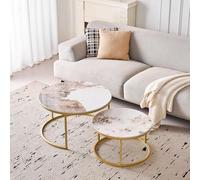 BenyLed Lot de 2 Tables Basses Gigognes avec Plateau en Céramique Pierre, Table Basse Ronde, Convient pour Salon, Chambre, Bureau et Balcon (Pandora/Or), 80 * 80 * 45cm+60 * 60 * 35cm