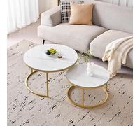BenyLed Lot de 2 Tables Basses Gigognes avec Plateau en Céramique Pierre, Table Basse Ronde, Convient pour Salon, Chambre, Bureau et Balcon (Blanc/Or), 70 * 70 * 45cm+50 * 50 * 35cm