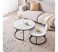 BenyLed Lot de 2 Tables Basses Gigognes avec Plateau en Céramique Pierre, Table Basse Ronde, Convient pour Salon, Chambre, Bureau et Balcon (Blanc/Noir), 70 * 70 * 45cm+50 * 50 * 35cm