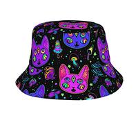 Beoek - Chapeau bob à imprimé chat psychédélique lumineux - Casquette de soleil à la mode - Casquette de pêcheur pliable pour l'extérieur - Convient aux femmes, hommes et adolescents - Idéal pour la