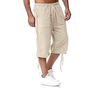 Beokeuioe 3/4 Hose Herren Capri Shorts Männer Loose Bermuda Shorts Taschen Sommer Kordelzug Kurze Hose Leinen Jogginghose Leinenhose Einfarbig Sommerhose Joggingshort, a kaki, M