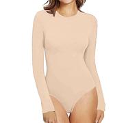 Beokeuioe Body pour femme en coton à manches longues - Fermeture à l'entrejambe - Ajustement parfait - Body opaque pour le sport - Body basique en coton fin doux, A2 beige., S