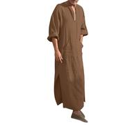 Beokeuioe Caftan pour homme Col en V Long Bouton Haut Thobe Manches Longues Caftan Homme Côté Fendu Coton avec Poches Pyjama Court Pyjama Vêtements de Nuit Maison, B Marron., XXL