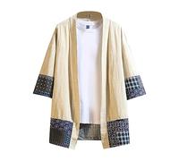 Beokeuioe Cardigan décontracté mélange de coton lin chemise homme kimono vestes sept manches japonais Happi Haori veste demi-saison ouvert devant broderie manteau, A01 beige., XXXXL