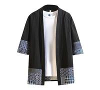 Beokeuioe Cardigan pour homme - Veste kimono décontractée en coton mélangé - Chemise en lin - Sept manches - Japon Happi Haori - Veste de transition ouverte sur le devant - Broderie Manteau, a noir, L