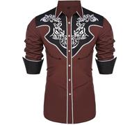 Beokeuioe Chemise de cowboy western pour homme - Manches longues - Broderie - Chemise de cowboy Country Western - Boutonnée - Hippie - Costume de cowboy - Chemise de loisirs, Marron (002), XXL