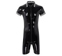 Beokeuioe Combinaison courte pour homme en latex avec fermeture éclair effet mouillé Lingerie pour homme Combinaison de fête pour homme Effet mouillé T-shirt Sexy Lingerie Clubwear, a noir, XXL
